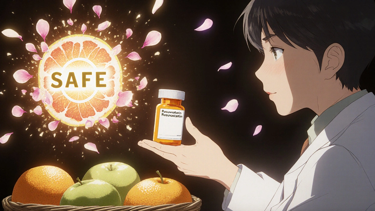 A pharmacist gives safe statin prescription as grapefruit turns to petals, oranges nearby, anime style.