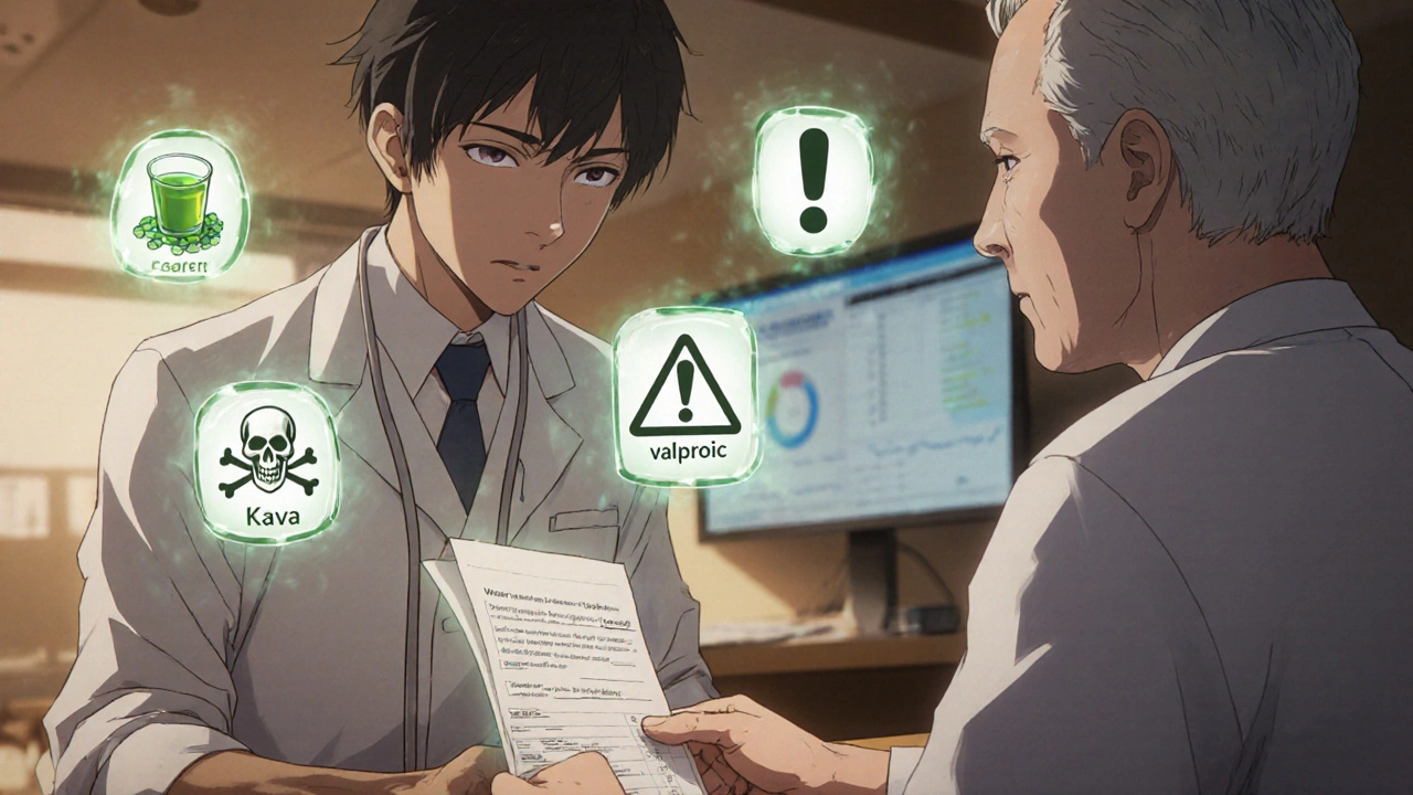 A pharmacist giving a medication list to an elderly patient, with warning icons above risky supplements.