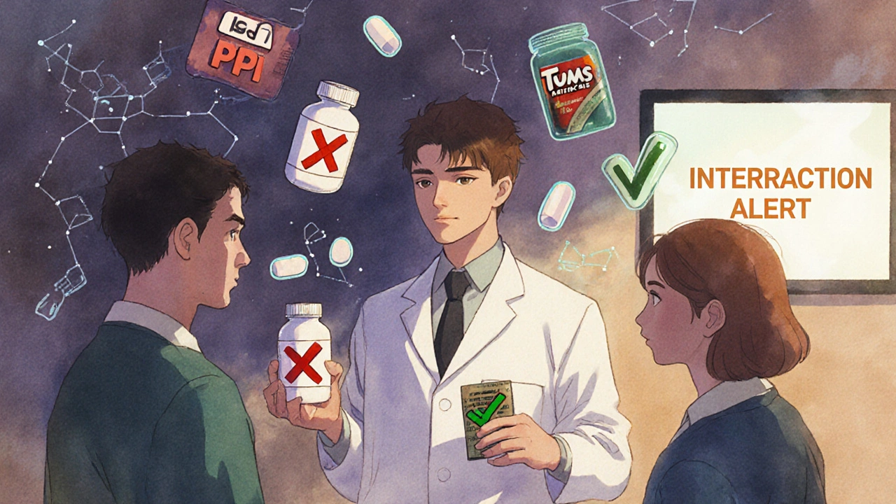 A pharmacist guiding patients away from dangerous drug combinations, with warning icons floating around them.