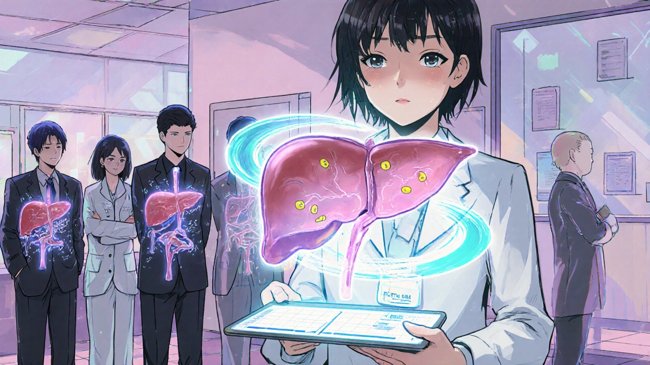 A pharmacist using a digital liver model to visualize drug metabolism in patients with varying liver conditions.