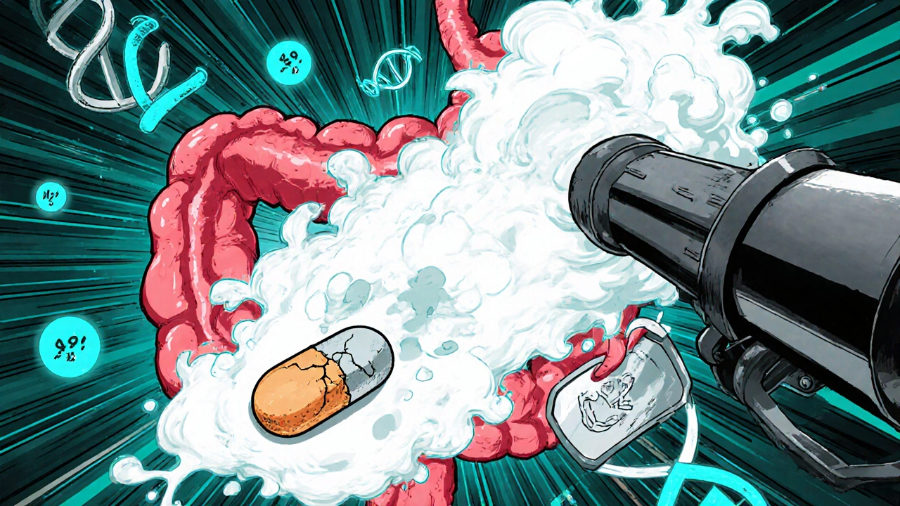 A weakened cancer drug pill battling acid-reducing fog in the digestive tract, with PPI and H2 blocker forces opposing each other.