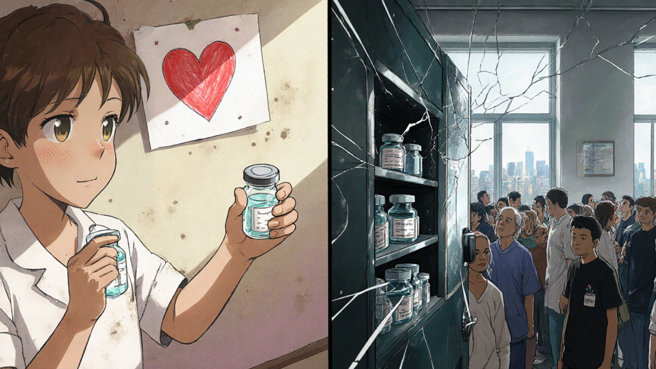 Contrasting rural and urban hospitals during drug shortage, one with empty vial and child&#039;s drawing, the other with hoarded meds.