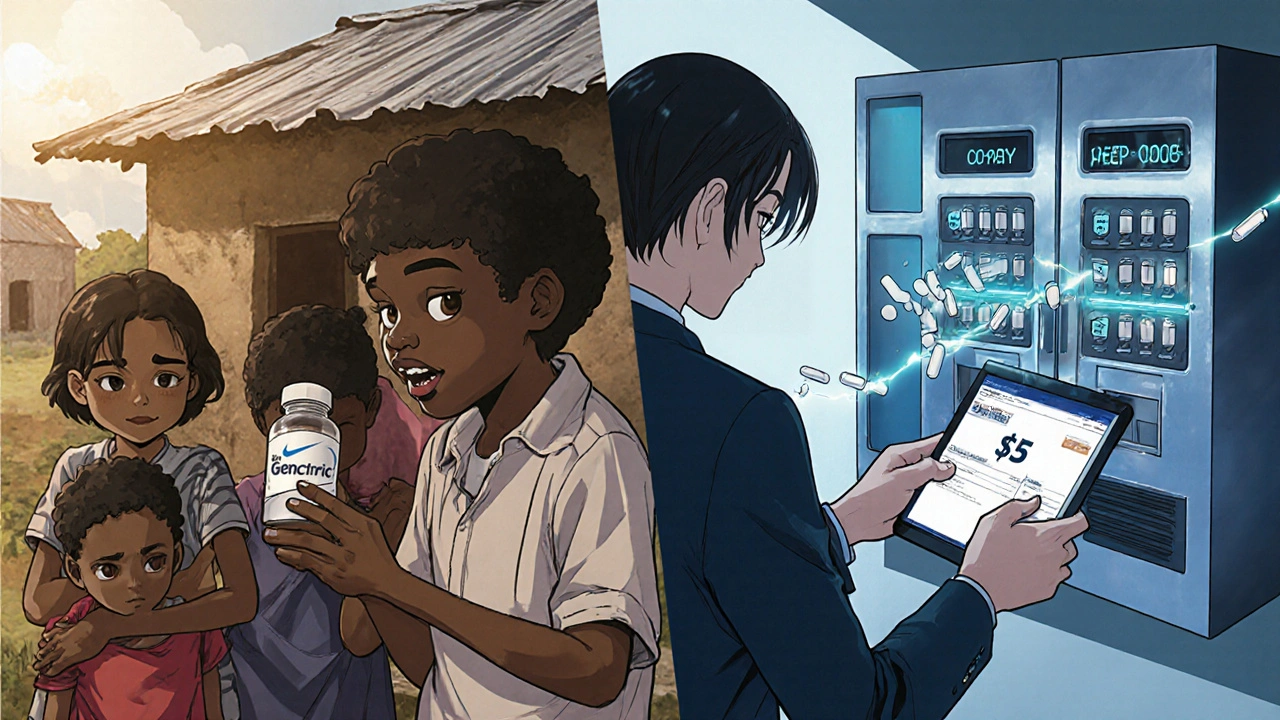 Contrasting scenes: a rural African family with a generic pill and a U.S. pharmacy with low-cost co-pays.