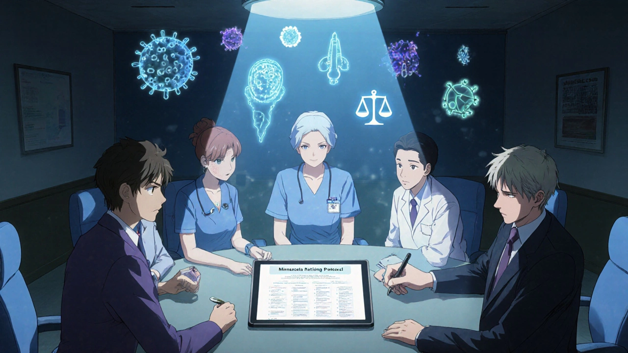 Ethics committee reviewing rationing protocol under glowing tablet light in a hospital meeting room.