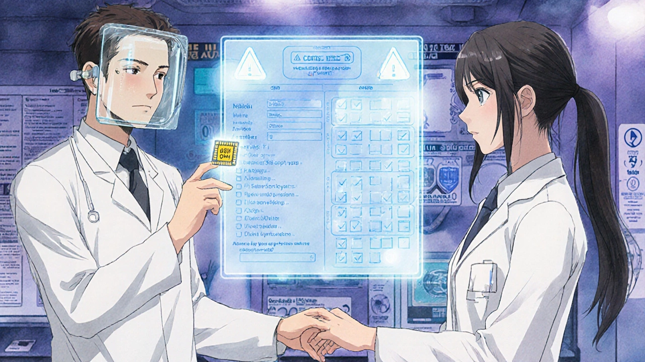 Genetic test chip and hologram showing OIH treatment progress, patient and doctor standing together in 2025 medical lab.