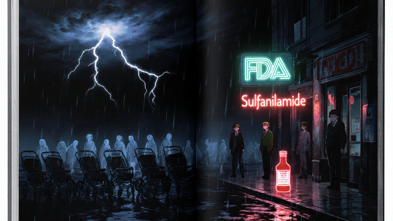 Ghostly children fading into rain-soaked street as a toxic medicine bottle glows red on pavement.