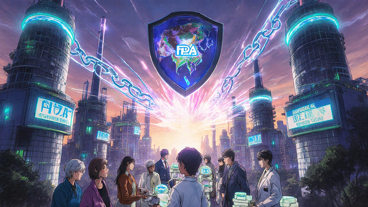 Global pharmaceutical supply chain connects factories to U.S. hospital under a glowing FDA shield.