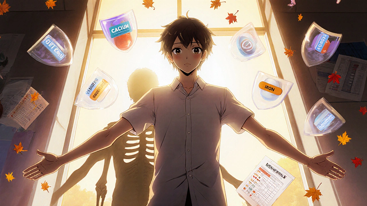 Person surrounded by glowing vitamin shields as a faded sick version disappears, symbolizing lifelong health commitment.