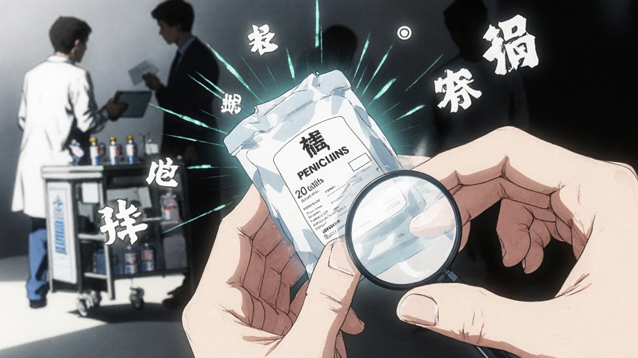 Pharmacist labeling tiny penicillin IV dose with magnifying glass, safety icons floating nearby, hospital staff in background.