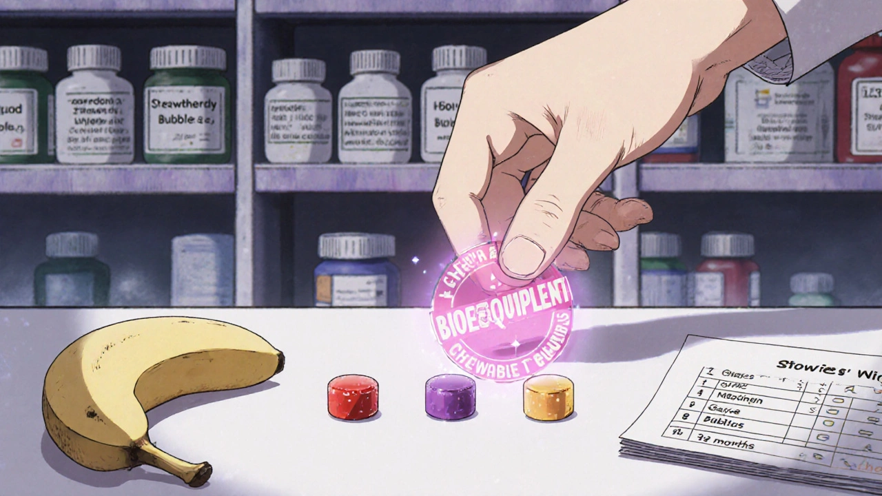 Pharmacist placing flavored chewable tablets next to a dosing chart and banana.