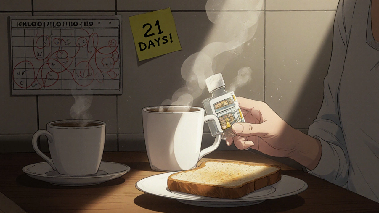 Pill organizer placed next to coffee and breakfast on kitchen counter.