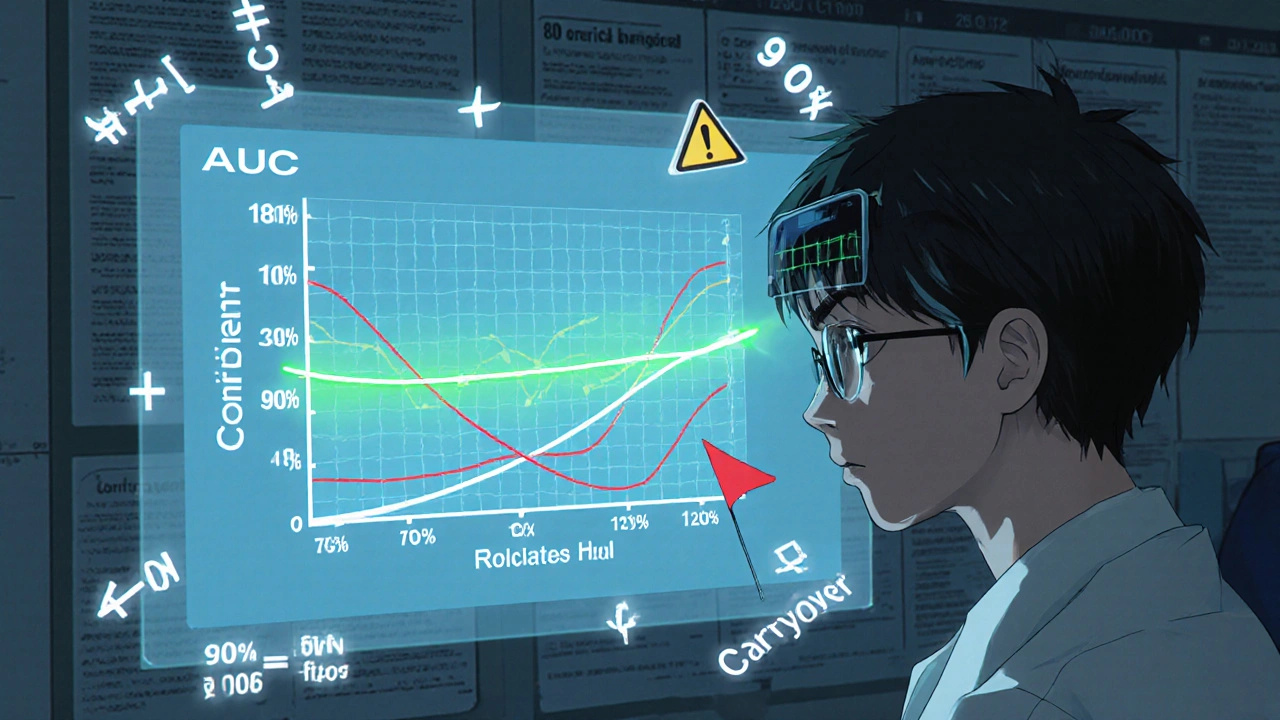 Scientist analyzing pharmacokinetic data with glowing confidence intervals and regulatory symbols.