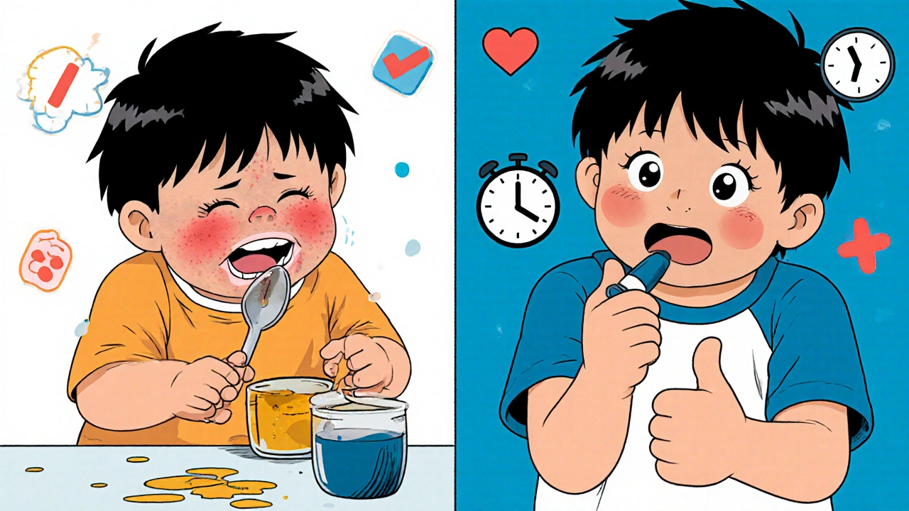 Split manga panel showing child refusing liquid medicine vs. confidently taking a chewable.