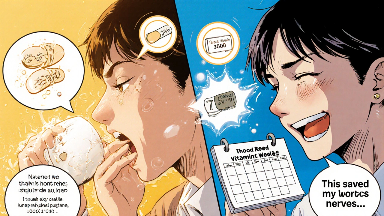Split manga panel: struggling with large pill vs. smiling with chewable vitamin and blood test calendar.