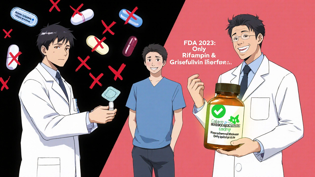 Split-panel manga scene: pharmacist giving conflicting advice about antibiotics and birth control.