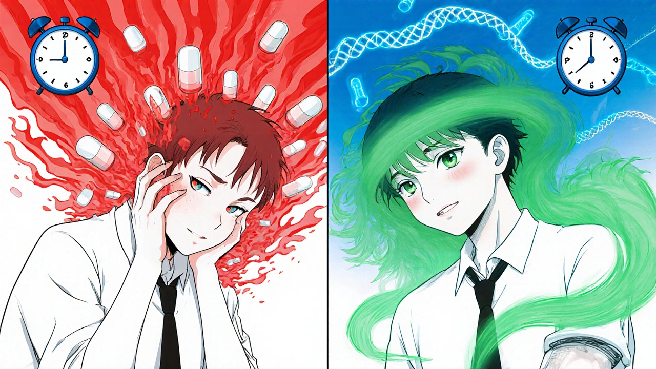 Split scene: patient overwhelmed by opioid pills on one side, healing mist on the other, with neural diagrams in background.