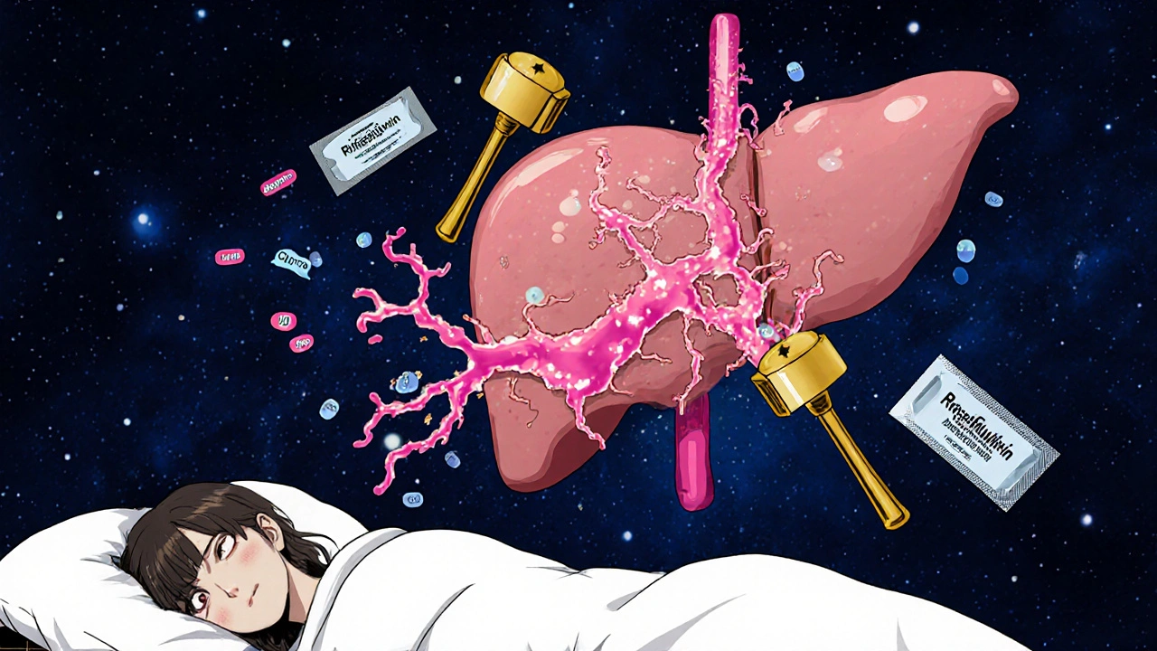 Stylized liver with glowing hormones being attacked by rifampin and griseofulvin bacteria.