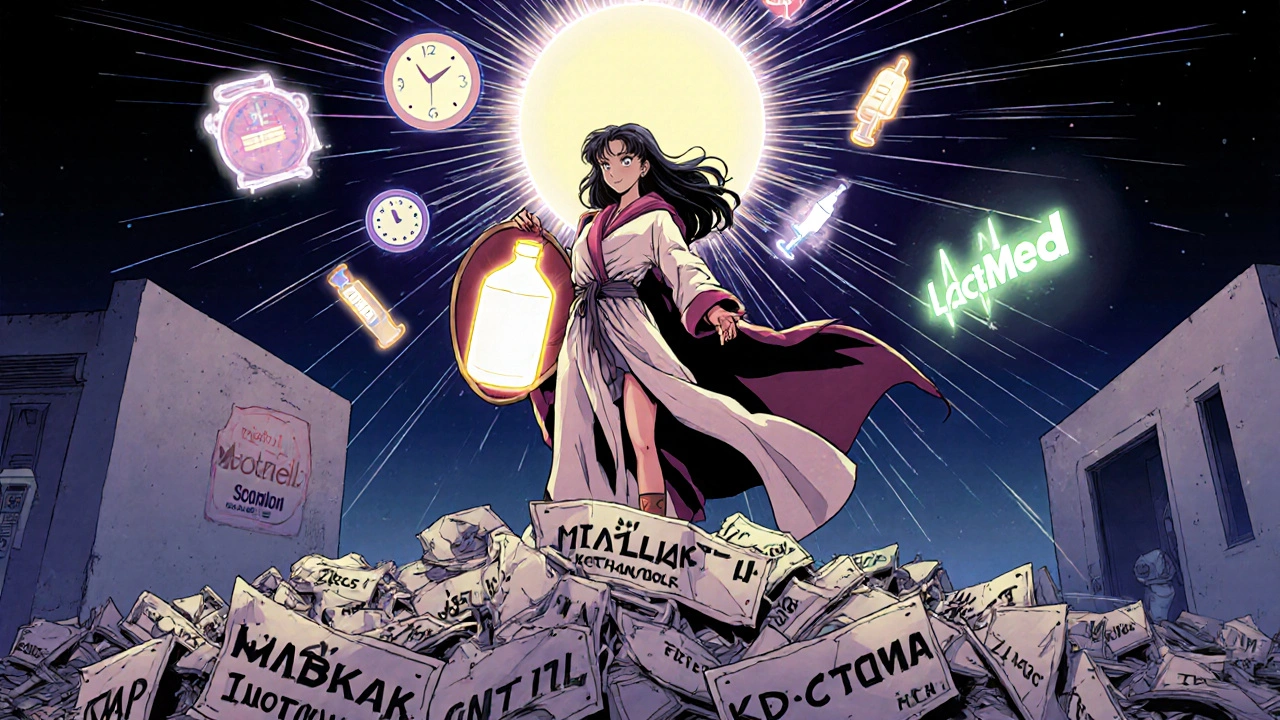 Superheroine mother holding milk bottle as shield, standing on discarded &#039;pump and dump&#039; signs under glowing LactMed logo.