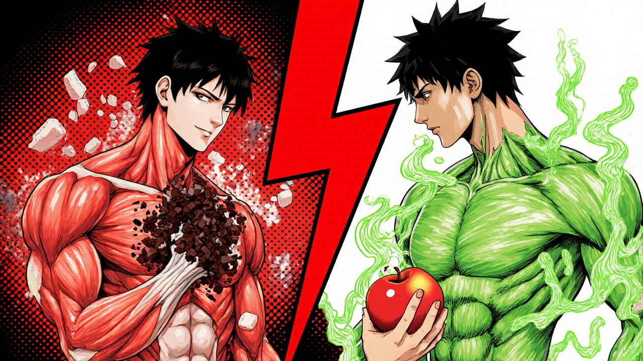 Two side-by-side figures: one suffering muscle damage from grapefruit and statin, the other healthy with apple, manga style.