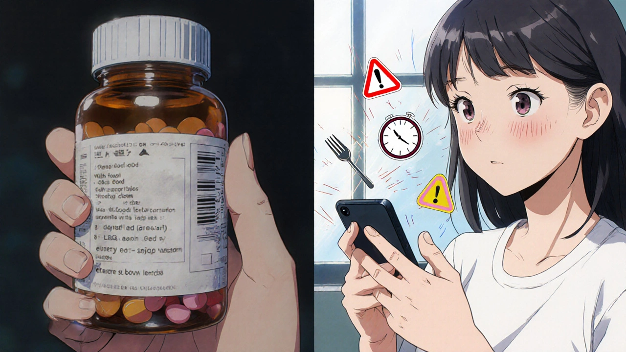 Woman scanning pill bottle as animated food and timing icons appear around her phone.
