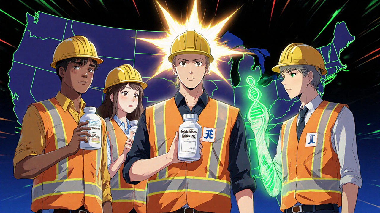 Workers hold generic drug bottles as a DNA helix and U.S. map glow around them, symbolizing personalized medicine and compliance.