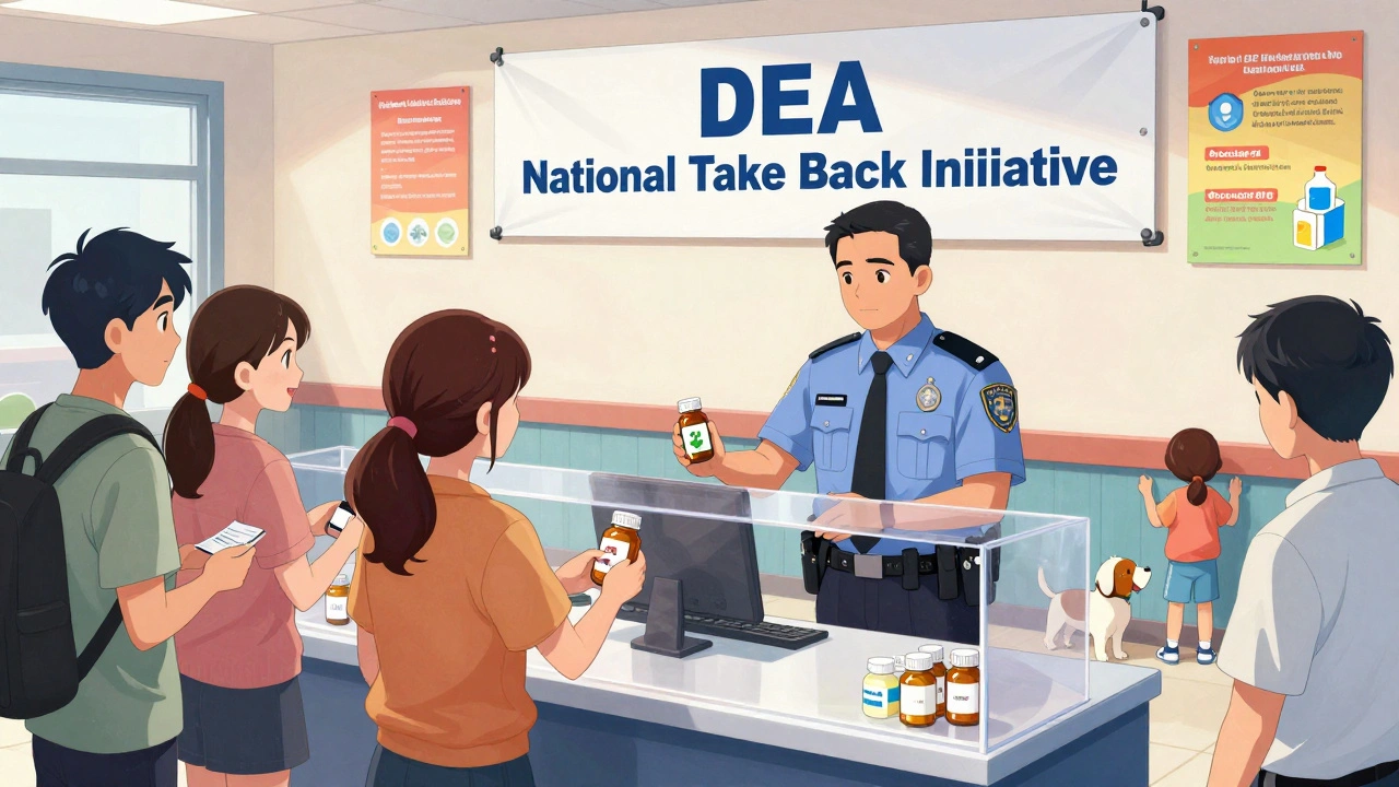 A community drug take-back event at a police station with people handing in medications.