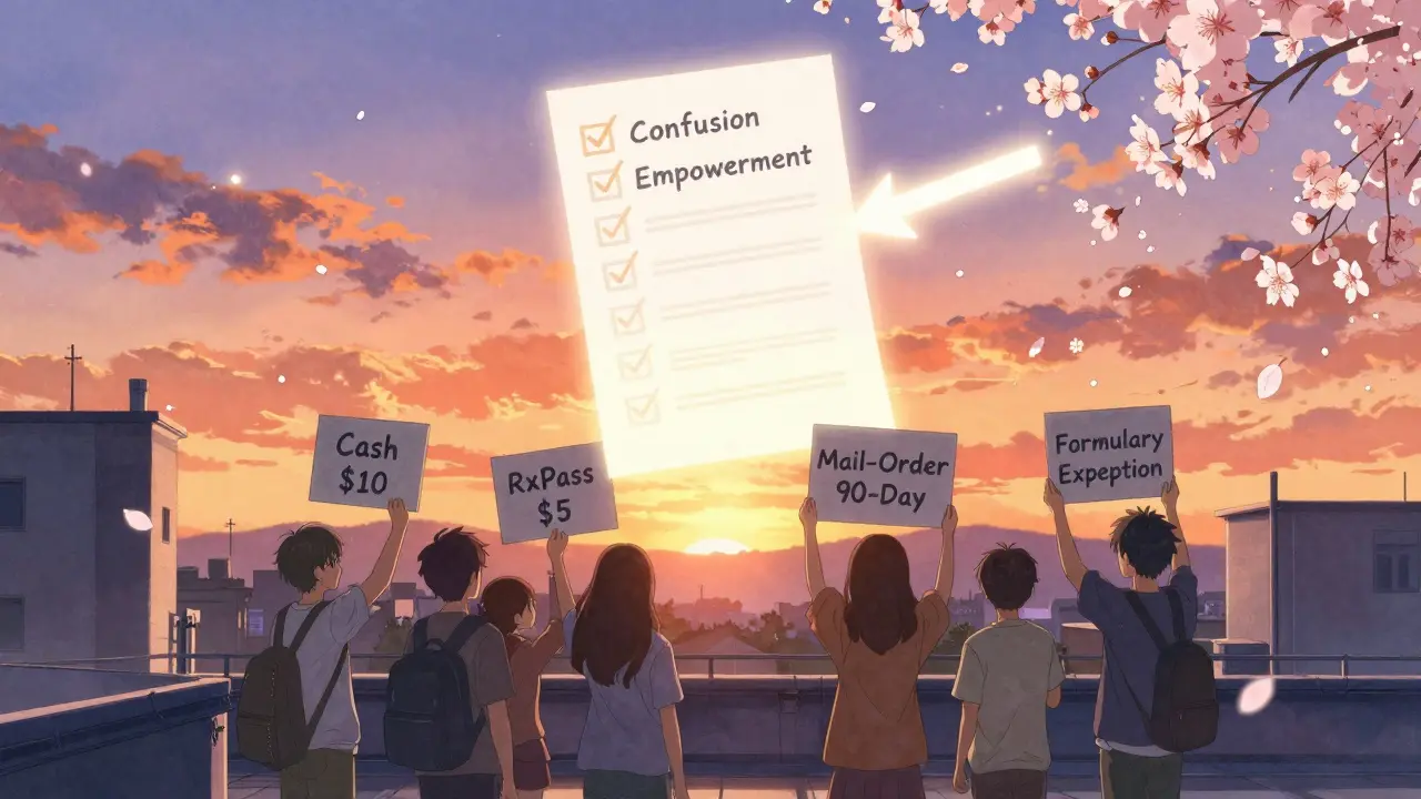 A diverse group of people holding cost-saving options for generics, under a glowing checklist symbolizing empowerment.