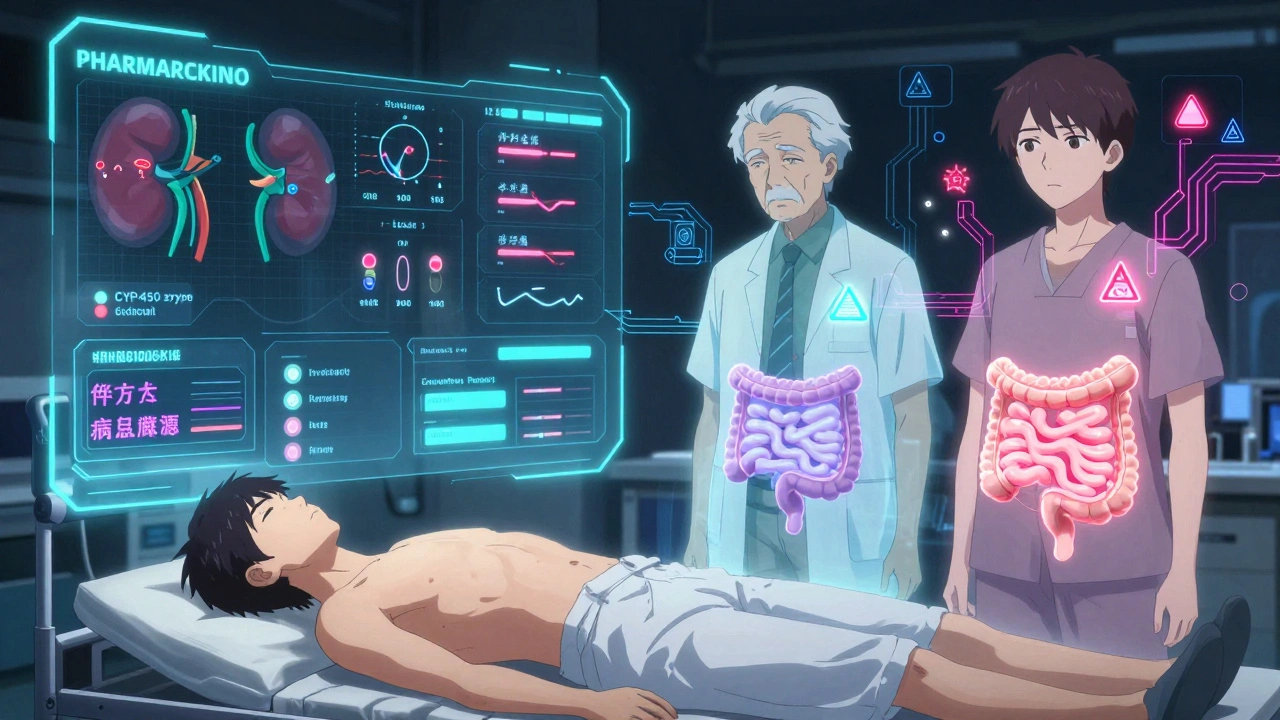 A futuristic medical display showing pharmacokinetic data across three different patient types.