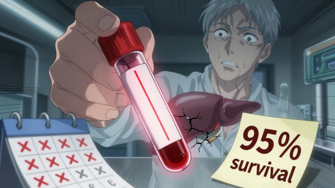 A glowing blood test vial with a fading liver behind it, red rejection lines and missed lab dates.