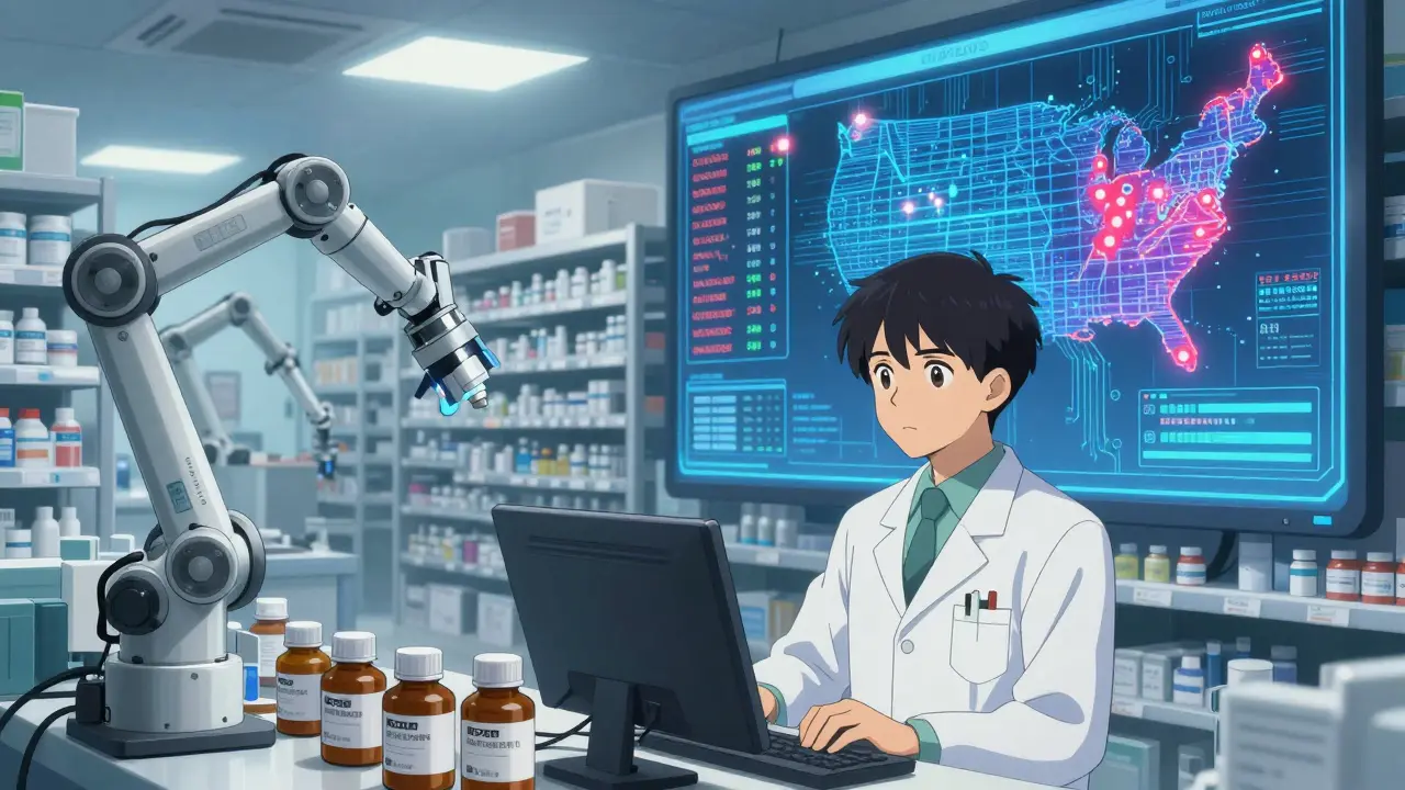 A high-tech pharmacy warehouse with automated systems scanning drug barcodes and real-time temperature tracking on a digital wall.