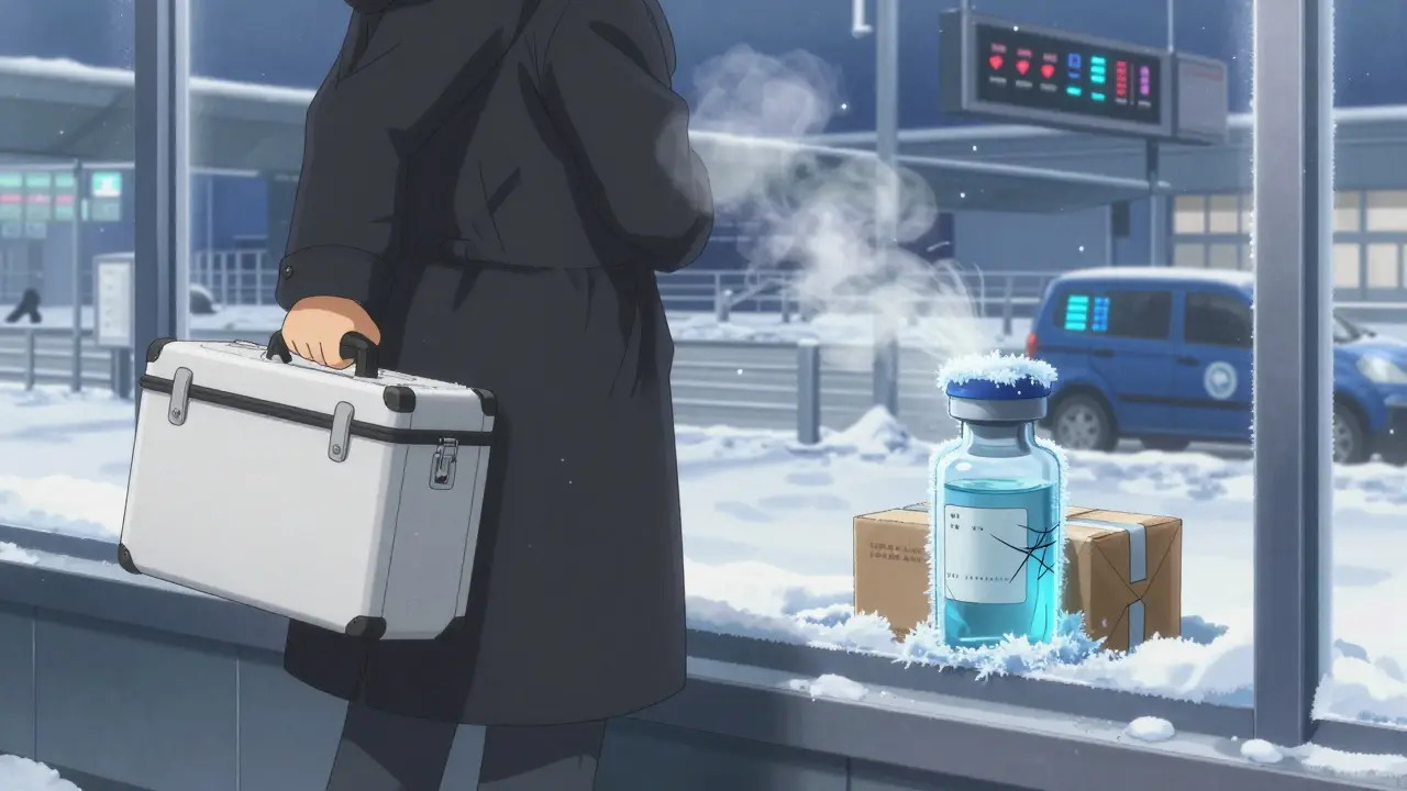 A medical case is kept warm inside a coat during freezing weather, while a frozen package lies abandoned on a snowy porch.