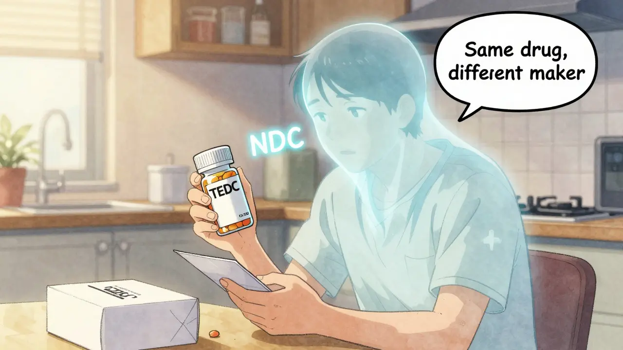 A patient holding a differently shaped generic pill, with a glowing NDC code comparing it to the previous version.