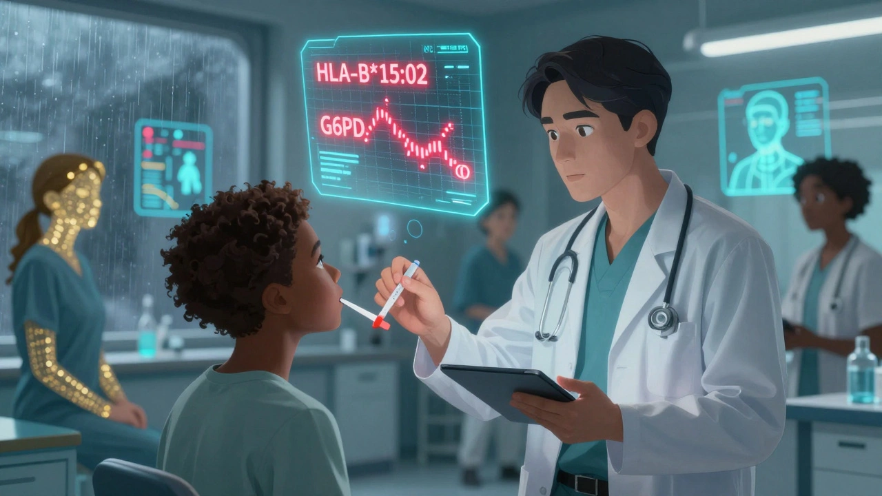 A patient undergoing genetic testing with a holographic genome map displaying dangerous drug-response variants in vivid colors.