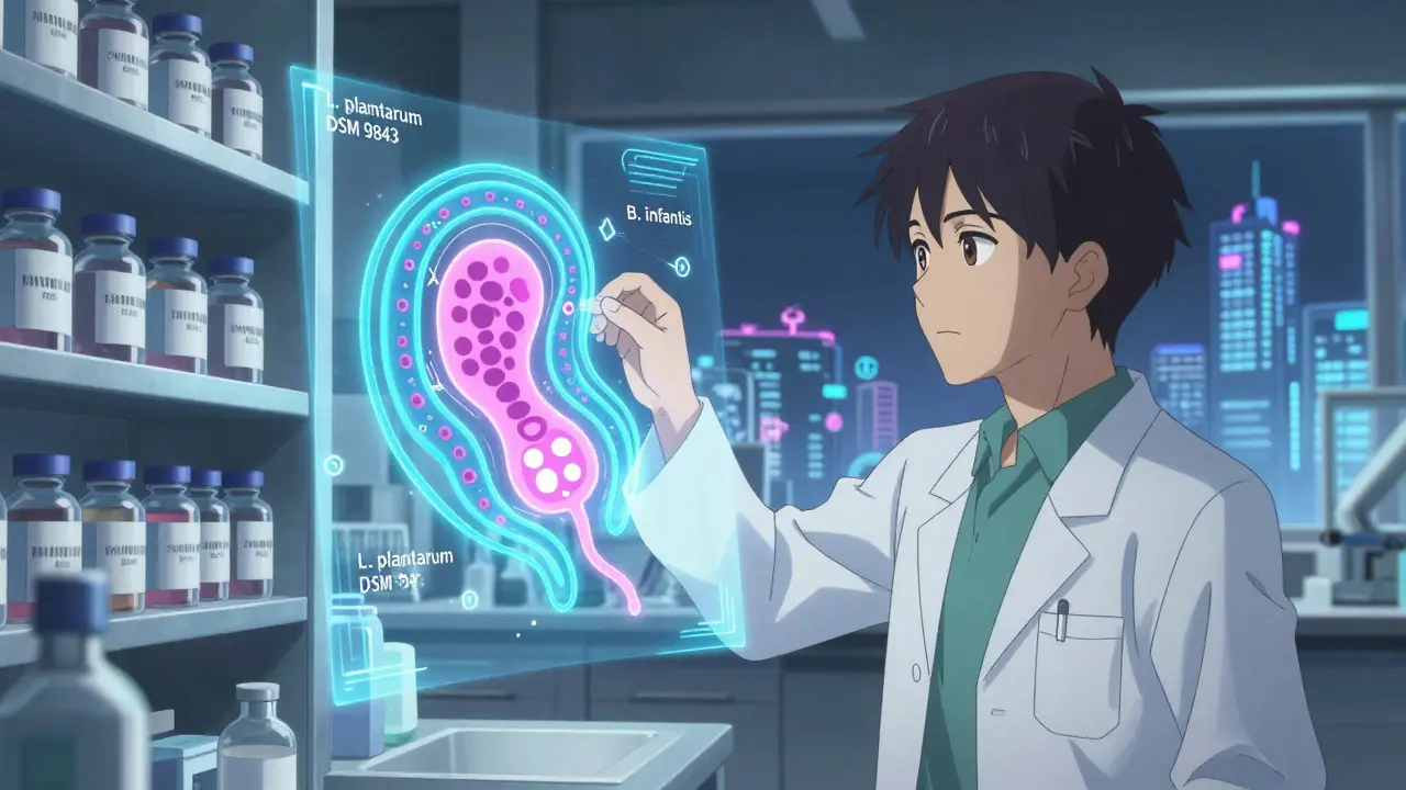 A scientist analyzing a personalized gut microbiome map with neon-labeled probiotic strains in a futuristic lab, symbolizing custom microbiome therapy.