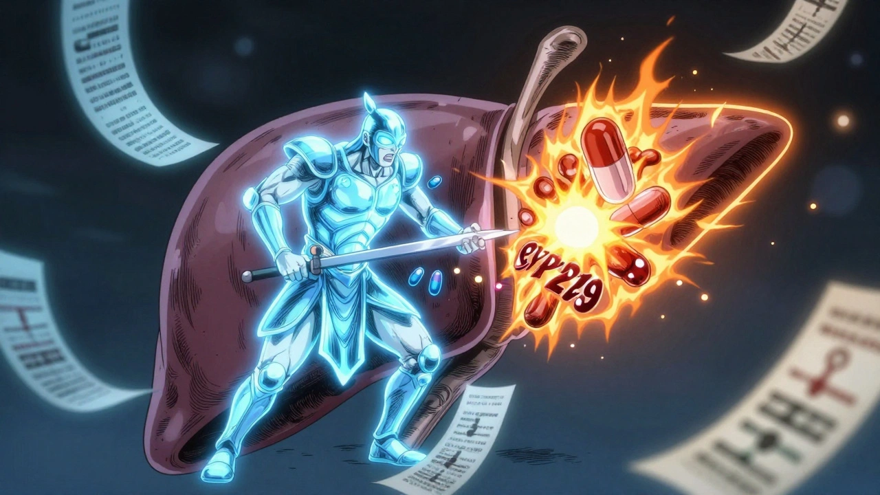 A stylized liver with glowing enzyme warriors breaking down drug molecules, representing genetic differences in drug processing.