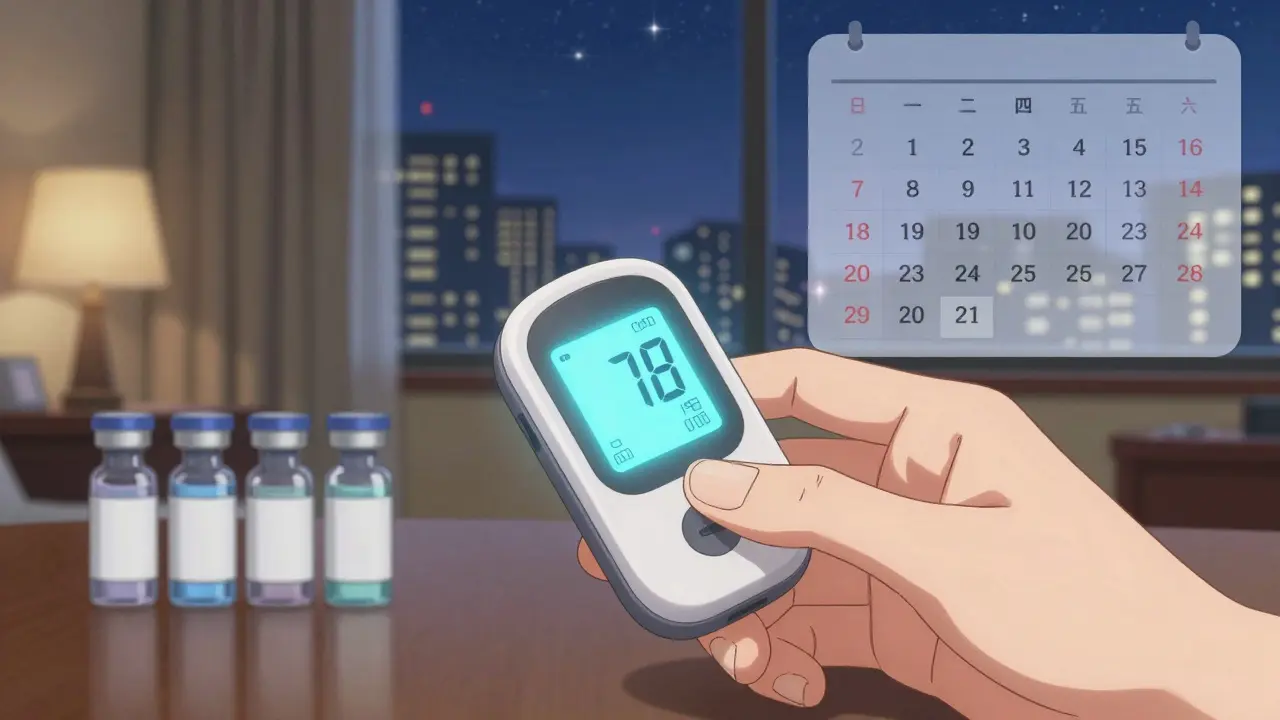 A temperature logger glows beside insulin vials in a hotel room, tracking safe storage conditions over time.