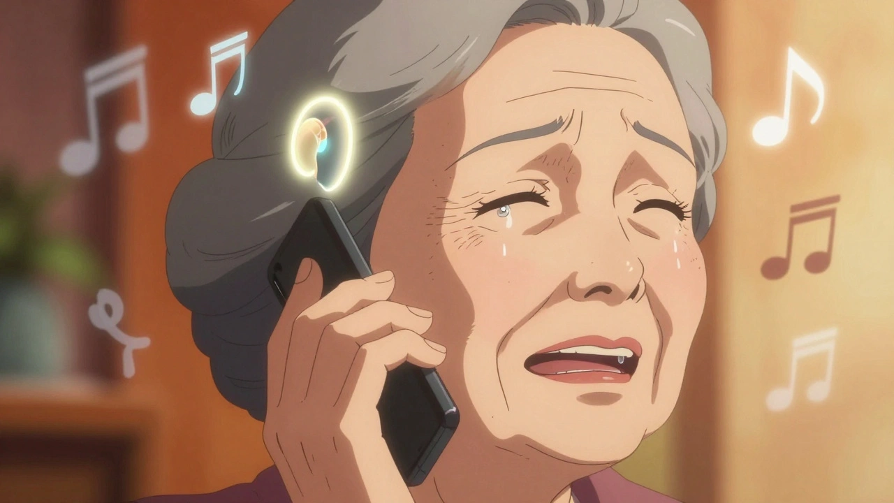 An elderly woman cries happily on the phone, a glowing cochlear implant behind her ear as clear sound symbols float around her.
