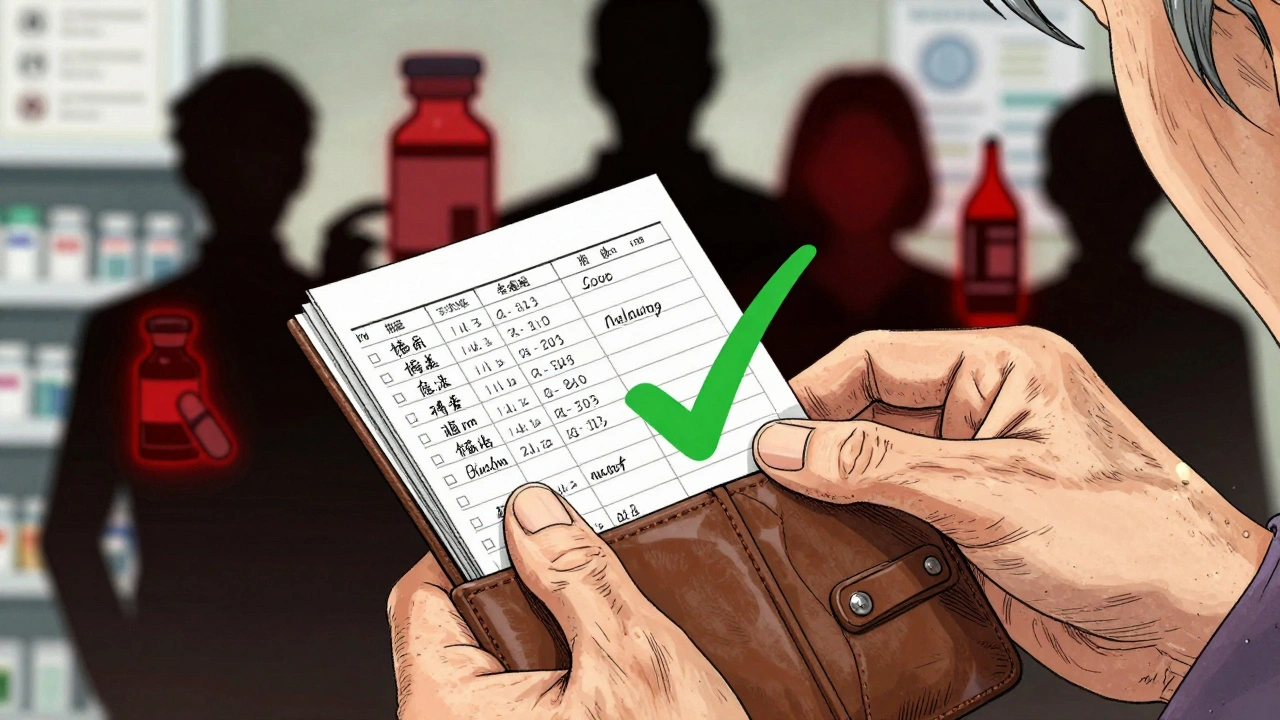 An elderly woman organizes her handwritten medication log in her wallet with care.