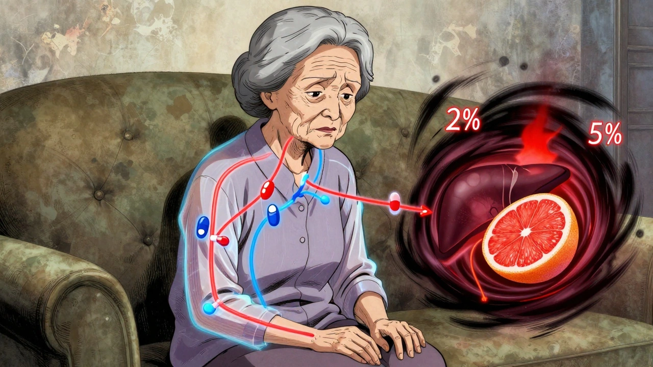 An elderly woman with glowing drug distribution lines and a grapefruit causing dangerous enzyme blockage.