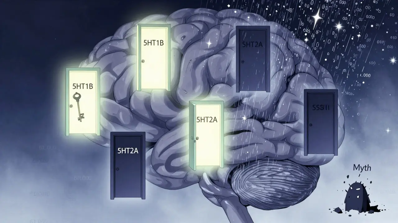 Brain with glowing serotonin receptors, triptan key lighting safe pathways while myth crumbles nearby.