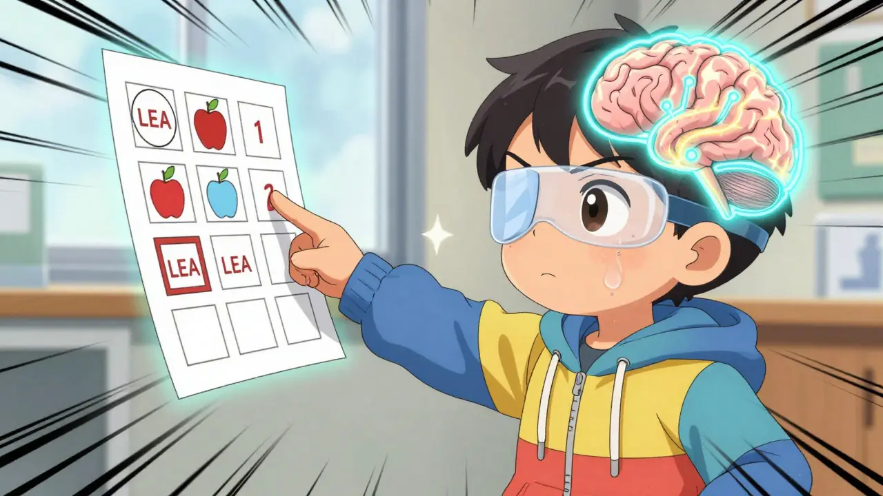 Child pointing at symbol chart with brain pathways lighting up during vision screening.