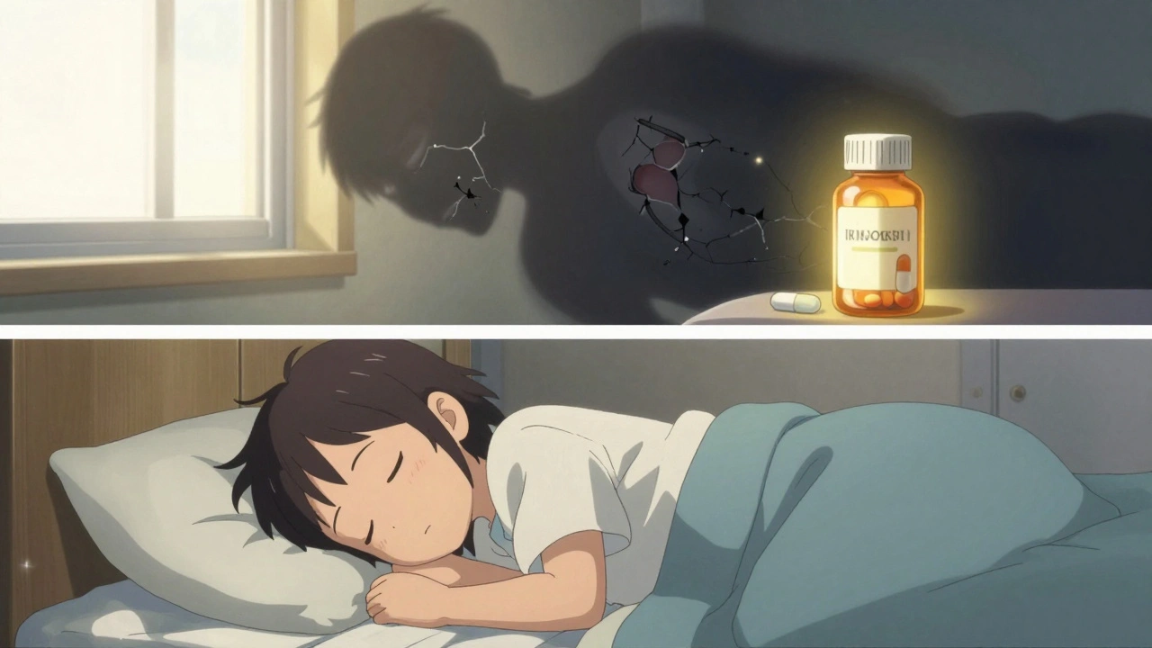 Child sleeping peacefully as rheumatic fever fades away beside a glowing 10-day antibiotic bottle.