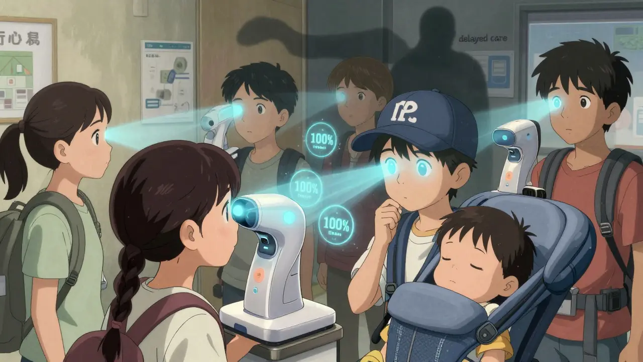 Children being scanned with handheld device as data orbs appear, representing accurate vision screening.