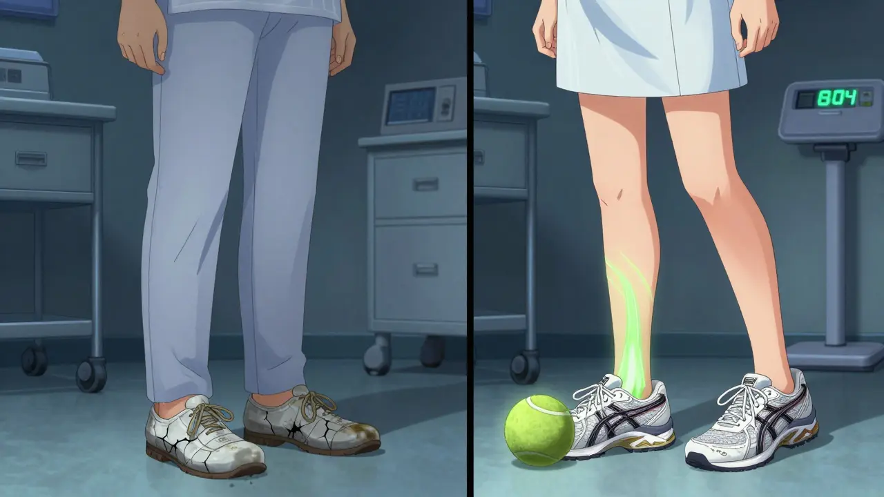 Contrasting images of a nurse in worn shoes vs. same person in supportive shoes with tennis ball roll.