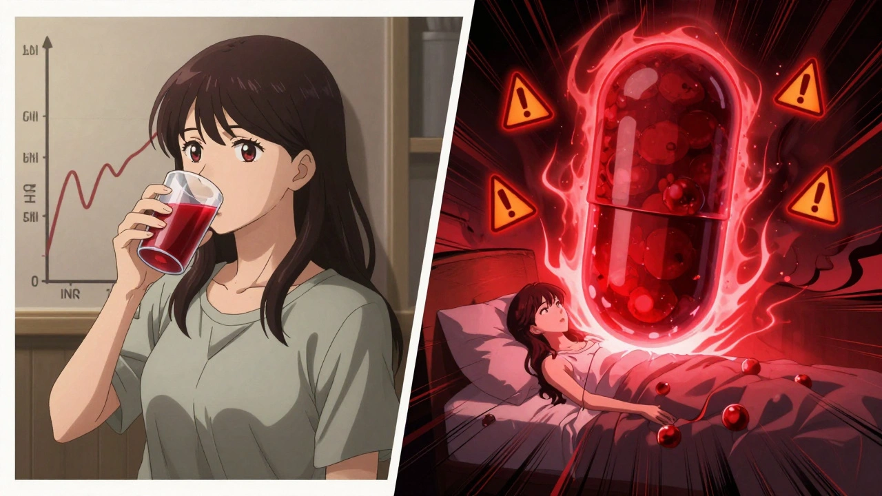 Contrasting scenes: safe cranberry juice vs. dangerous supplement capsule