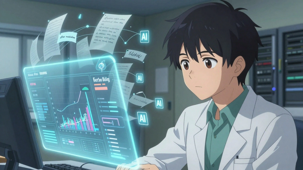 Data scientist analyzing holographic drug safety graphs with AI parsing clinical notes in a futuristic lab.