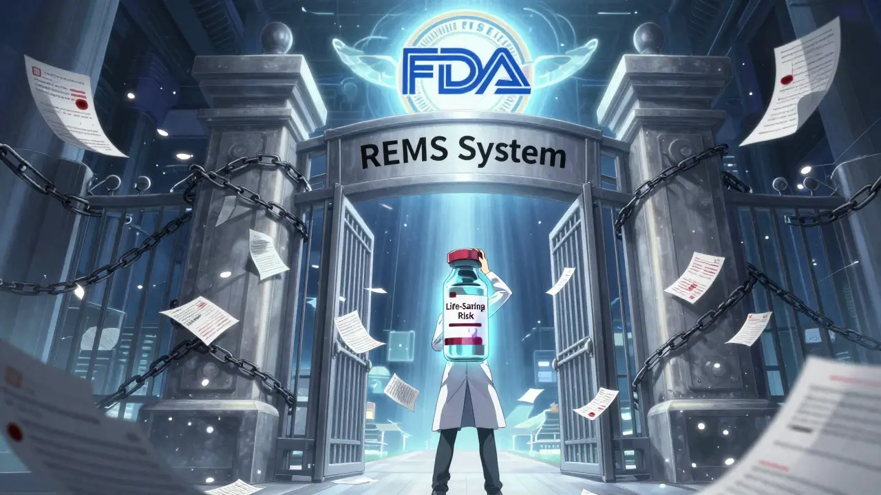 Digital REMS gate blocked by paperwork chains, figure pushing through with life-saving drug, FDA emblem above.