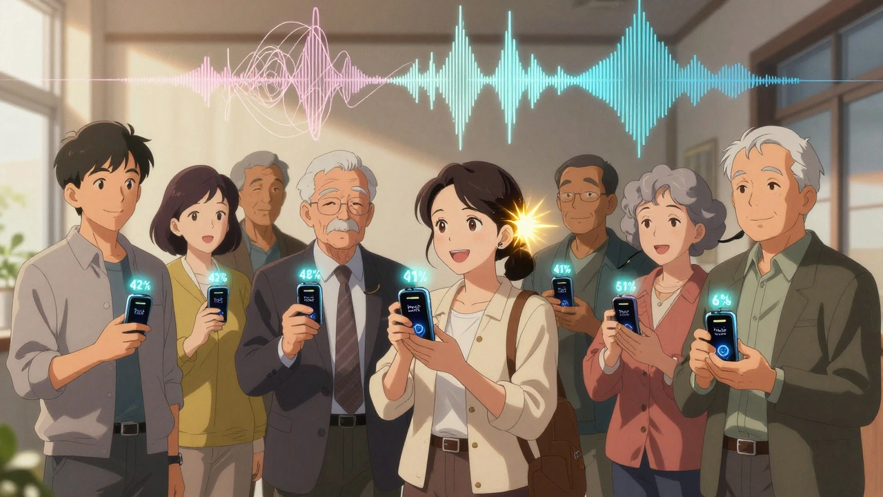Diverse adults hold speech test devices, with glowing percentages above their heads as sound waves transform into harmony.