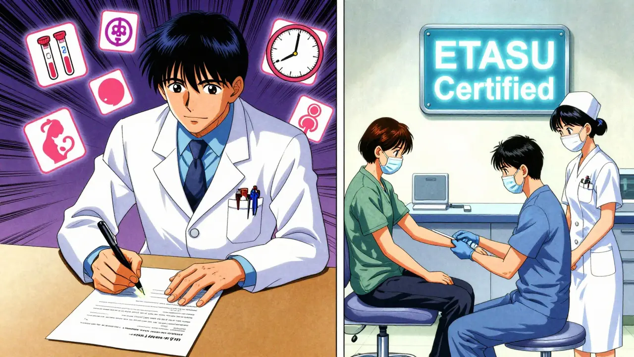 Doctor signing REMS paperwork while patient receives injection in certified clinic, medical icons floating around.