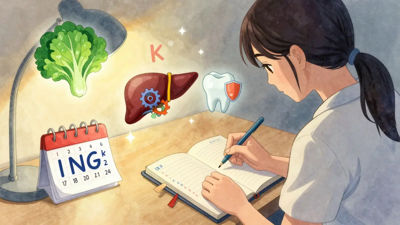 Patient logging INR values with symbolic representations of vitamin K, liver enzymes, and safe antibiotics glowing nearby.